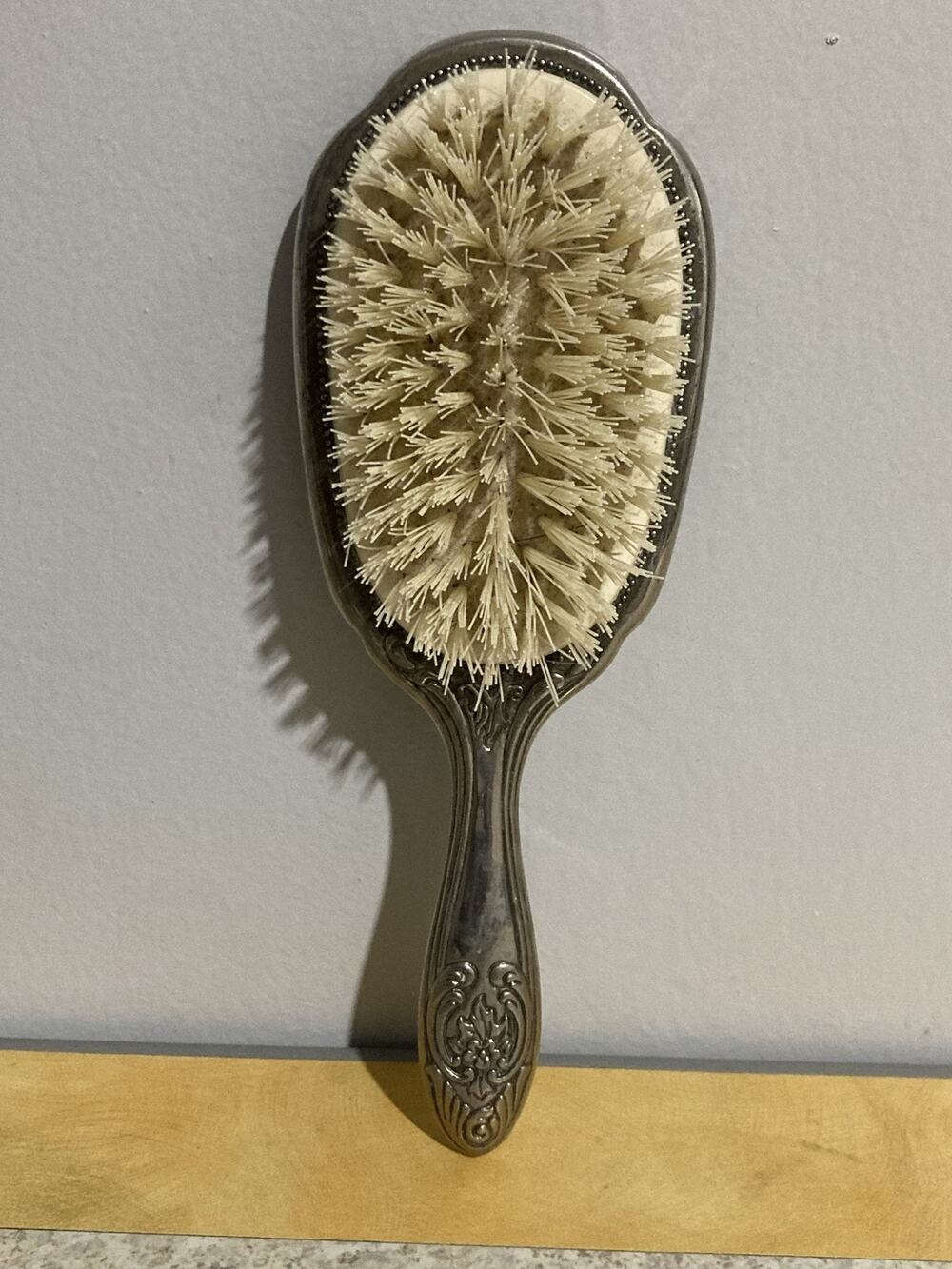 Vintage Ornate Metal Hair Brush Dresser Brush Cream Bristles Vanity